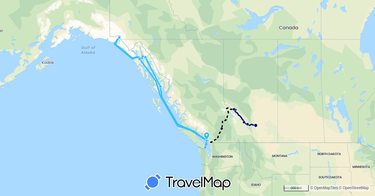 TravelMap itinerary: driving, boat, rail in Canada, United States (North America)