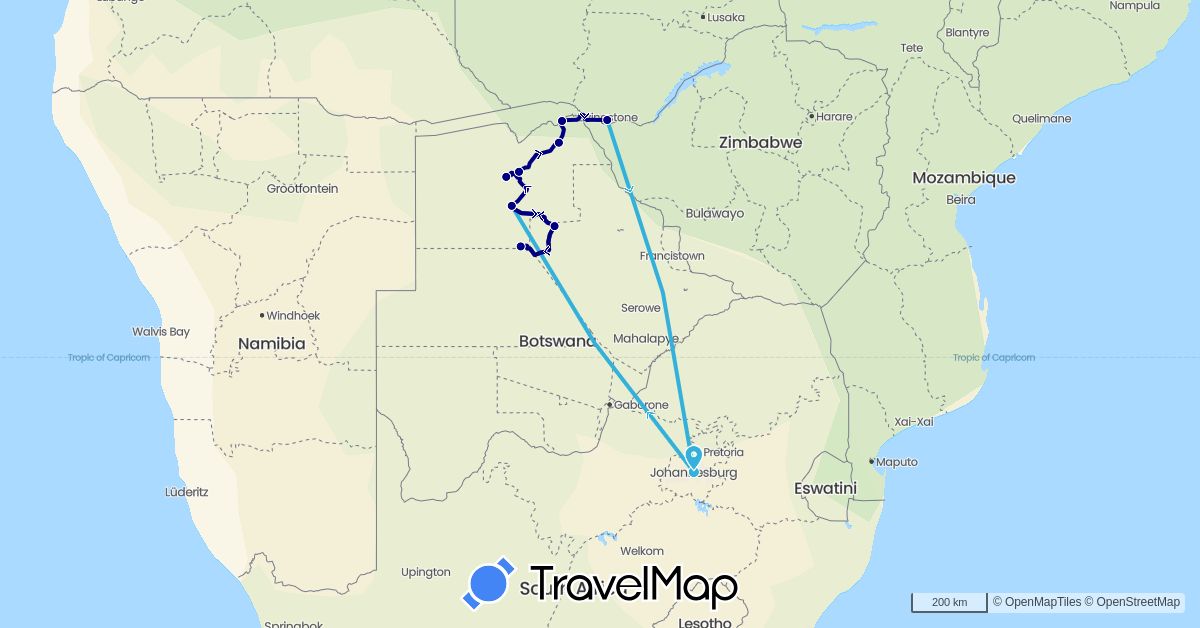 TravelMap itinerary: driving, flight in Botswana, South Africa, Zimbabwe (Africa)